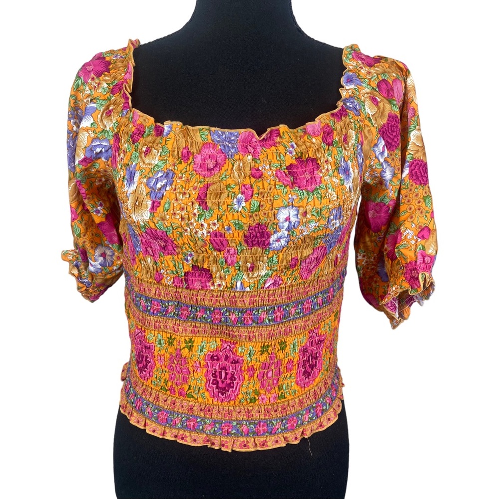 SEA LUSTRE ☆ Boho Smocked Crop Top Short Sleeve Floral Shirt ☆ Size S/M